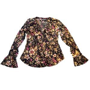 ANTHROPOLOGIE Deep V-Neck Floral Button Front Floral Tunic Blouse Sz M